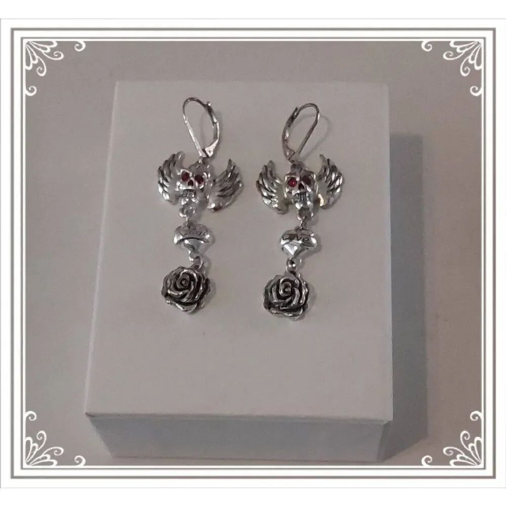 Trendy Silver Goth Winged Skull Ruby Eyes Dangle Leverback Earrings